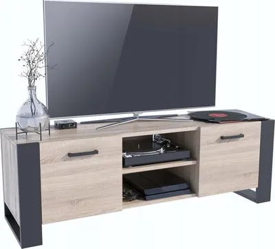 Produktbild von MATKAM TV-Kommode ALBA Loft, H50xB150xT43,6 cm, EIN offenes Regalfach in der Mitte, Links und rechts Fächer mit Türen, konische Beine (Sonoma Eiche)