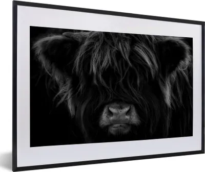 Produktbild von MuchoWow® Gerahmtes Poster Schottischer Highlander - Kuh - Porträt - Tiere - Schwarz - Weiß 60x40 cm - Poster mit Schwarzem Bilderrahmen Wandposter Rahmen Foto Bilder - Schlafzimmer - Plakat in Rahmen - Drucken