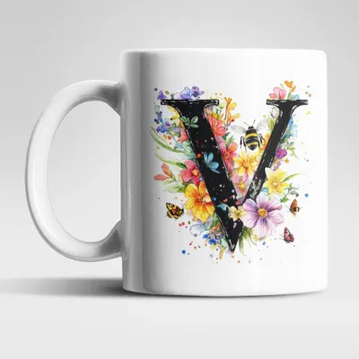 Produktbild von Name A bis Z und 0 bis 9 Blumen Bienen Kaffeetasse Teetasse Tasse Geschenkidee – V
