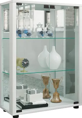 Produktbild von Glasvitrine stehend | Vitrine Glas mit ESG-Sicherheitsglas | Maße ca. H. 80 x B. 60 x T. 25 cm | Standvitrine Glas | Modern und platzsparend | Glas Vitrinenschrank – Sintalo Spiegel Weiß