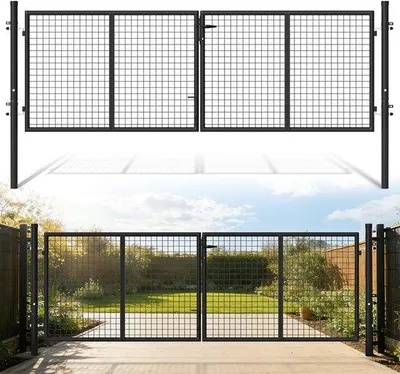 Obrázok produktu pre Bránka do záhrady – dvojkrídlová – 300x100 cm, antracitová farba – oceľový rám – bránka do záhrady – vrátane kľúča a reťazového zámku – oplotenie – brána – s mrežovou bránou a stĺpikmi – záhradný plot
