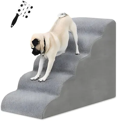 Produktbild von PolkaHome® Hundetreppe mit 5 Stufen für Bett und Couch, Haustiertreppe mit strapazierfähigem Hochdichtschaum und waschbarem Bezug, Grau, 82