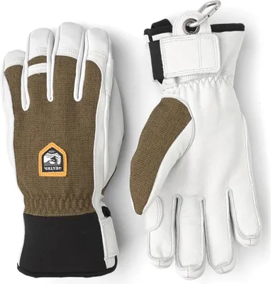 Skihandschuhe "Army Leather Patrol - 5 finger" von Hestra in Weiß und Braun; mit robustem Material und verstellbarem Handgelenk.