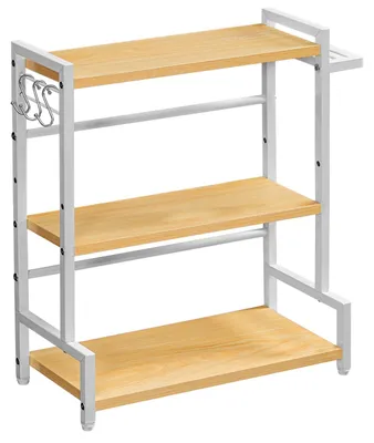Produktbild von Küchenregal mit 3 Haken und Messerhalter, Gewürzregal, Küchenarbeitsplatten-Organizer, Gewürzhalter, Holzfarbe und Weiß