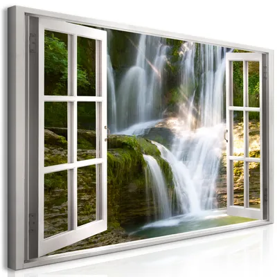 Produktbild von Wandbild Mega XXXL Fensterblick 250x125 cm Einteiliger XXL-Format Kunstdruck zur Selbstmontage Leinwandbilder moderne Bilder DIY Wanddekoration Wohnung Deko Wasserfall c-C-0377-ak-e