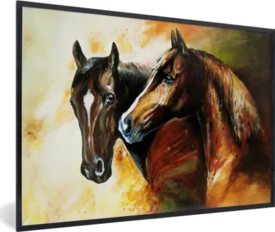 Produktbild von MuchoWow® Gerahmtes Poster Malerei - Pferde - Tiere - Ölgemälde 90x60 cm - Poster mit Schwarzem Bilderrahmen Wandposter Rahmen Foto Bilder - Fotorahmen - Foto-Plakat