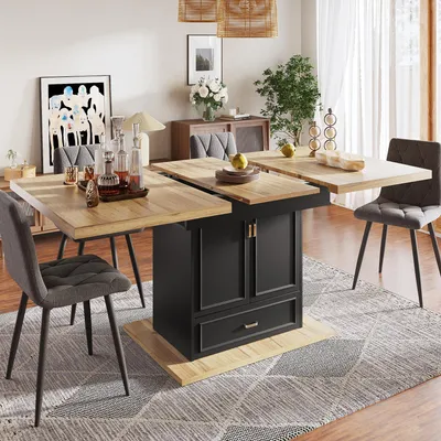 A dining room scene with an extendable table and chairs.