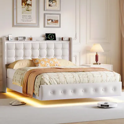 Obrázok produktu pre Postel s čalúneným rámom, 140x200 cm, s LED osvetlením, opierka s úložným priestorom, 2 USB porty a 1 port typu C, rošt, farba béžová, dvojlôžko bez matraca
