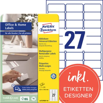 Produktbild von Avery Zweckform L4737REV-10 Etiketten, ablösbar, Home Office, Kleinpackung, A4 63,5 x 29,6 mm, weiß