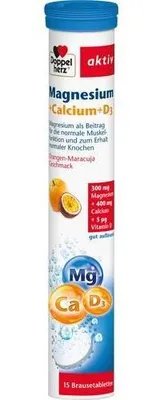 Obrázok produktu pre Doppelherz Horčík Vápnik D3 pre normálnu funkciu svalov a zdravie kostí 15 šumivých tabliet s príchuťou pomaranča a marakuje