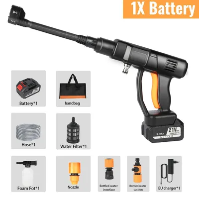 Image de Nettoyeur haute pression sans fil - Nettoyeur haute pression portable 6-en-1 à batterie pour la voiture et le jardin - 6 modes de pulvérisation - Pistolet à mousse - Tuyau de 5 m - 1 batterie incluse
