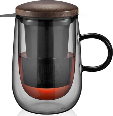Produktbild von 430ml Doppelwandige Schwarz Glas Teetasse mit Metallsieb Henkel - Borosilikat Teebecher