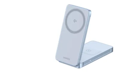 Obrázek produktu pro UGREEN magnetická bezdrátová nabíječka 2v1 MagFlow Qi2.2, 25W, MagSafe, stříbrná – 55963