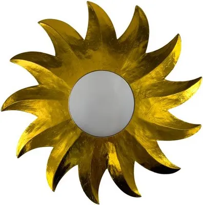 A golden sunburst mirror on a white background.
