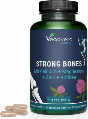 Produktbild von Vegavero Strong Bones | 180 Tabletten | Calcium‑Magnesium 2:1 | Rotklee & Zink | vegan