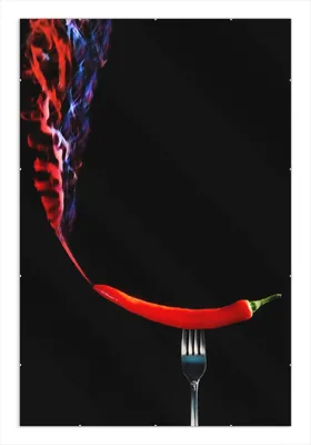 Produktbild von Wallario Wandbild Rauchende Chili-Schote an einer Gabel, Größe: 61 x 91,5 cm, Poster mit rahmenlosen Bildhalter