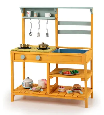Immagine prodotto di Cucina da gioco all'aperto per bambini - Cucina giocattolo in legno - Con lavello - Ganci e ripiano rimovibile - Per bambini dai 3 ai 6 anni - Arancione