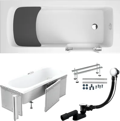 Produktbild von Badewanne Rechteck Set 6in1 170x75 Rechts mit Styropor, Seniorenbadewanne + Glastür und Holzsitz, Premium Ablaufgarnitur und Füßen | BADLAND AVO