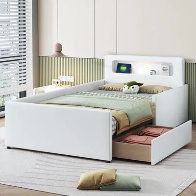 Immagine prodotto di Lettino in tessuto - Lettino per bambini e bambine - Sonno sicuro - con comodino con porta USB - 90 x 200 cm - Bianco
