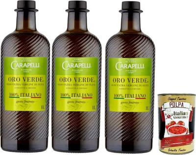 Produktbild von Carapelli, olio extra vergine di oliva Oro Verde, 100% Italiano, 100% italienisch Native Olivenöl. 3x 1lt + Italian Gourmet polpa 400g