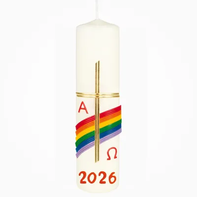 Produktbild von Hausosterkerze, Ostertischkerze 200 x Ø 50 mm Kreuz, Regenbogen mit aktueller Jahreszahl (Wachsauflage)