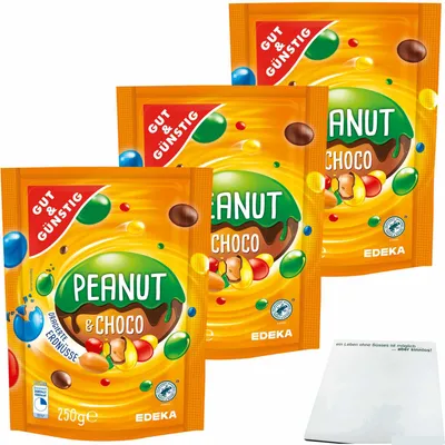 Produktbild von Gut & Günstig Dragierte Erdnüsse bunt mit Schokolade 3er Pack (3x250g Packung) + usy Block
