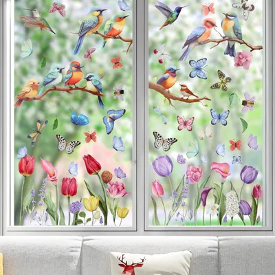 Productafbeelding van Lenteposters voor ramen, decoratie, zelfklevend, 9 vellen, dubbelzijdig, met bloemen, vogels en vlinders, herbruikbaar