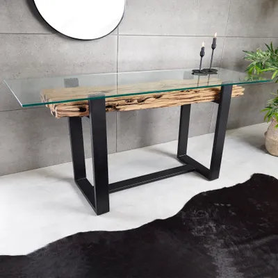 Produktbild von Design Konsolentisch BARRACUDA 150cm recyceltes Teakholz Glas Industrial Tisch Laptoptisch