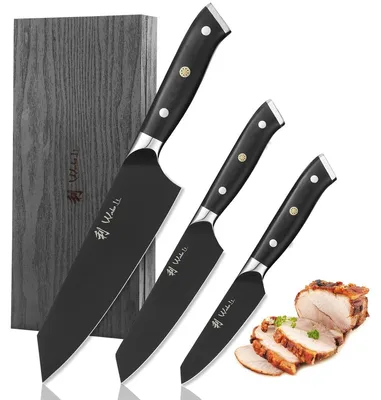 Produktbild von Küchenmessergarnitur Kochmesser Messerset - 3-teilig - Klingenlänge 8, 12 und 17 cm - G10-Griff - Schwarz