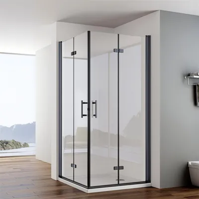 Produktbild von IMPTS Duschkabine Eckeinstieg 90x100cm Mattschwarz Dusche 180º Falttür Duschabtrennung Duschwand 6mm ESG Glas Eckdushe Höhe 195cm,Mit Duschtasse