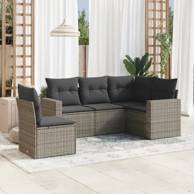 Produktbild von Design 5-tlg. Garten-Sofagarnitur mit Kissen Grau Poly Rattan, Gartensofas 2024 Neu