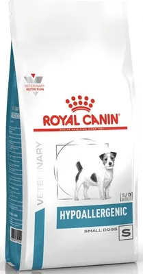 A bag of Royal Canin VD Dog Hypoallergenic Small Dogs food.
