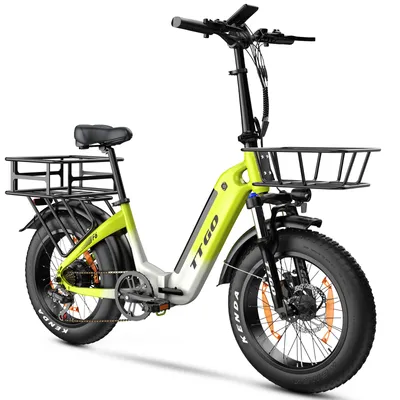 A studio shot of a lime green and white electric fat tire bicycle with front and rear baskets, presented on a white background.