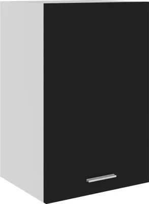 A single, closed kitchen cabinet with a black door and a white side, shown from a slight angle against a white background.