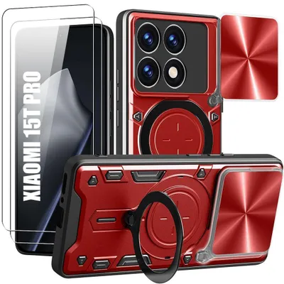 Image de Coque + 2 Verres Trempés pour Xiaomi 15T Pro, Robuste avec Anneau et Protection Caméra - Rouge