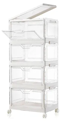 Produktbild von Aufbewahrungsboxen, 23 Liter, 4 Stück, transparent, stapelbar mit Deckel, faltbar mit Rollen.