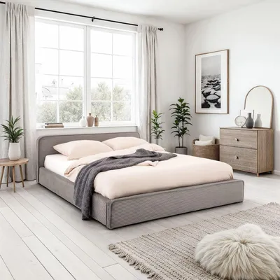 Produktbild von Polsterbett CURSIO mit Lattenrost 140x200, Grau– Bett mit Polsterung in Cordoptik, Holzrahmen mit Metallrohr, stabiles Doppelbett inklusive Lattenrost, kleine schwarze Kunststofffüße