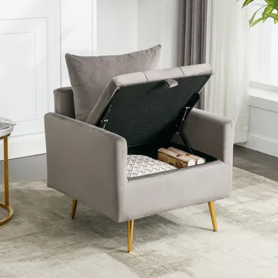 Immagine prodotto di Fortuna Lai lounge chair, poltrona d'accento in velluto, poltrona imbottita con vano portaoggetti, cuscini decorativi e braccioli lounge chair con gambe in metallo dorato, grigio, L71 x P71 x H76 cm