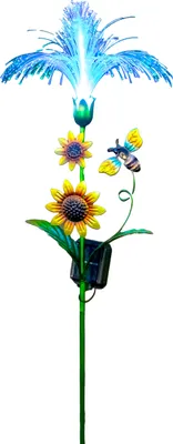 A solar-powered garden stake with a fiber optic light, sunflowers, and a bee.