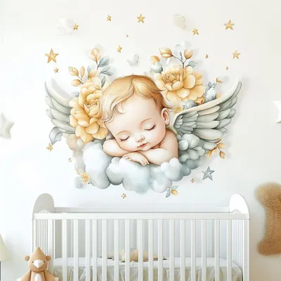 Engelsbaby mit Blumen – Decords Wandtattoo, Produktansicht 1