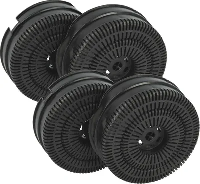 A group of four black circular filters arranged in a cluster.