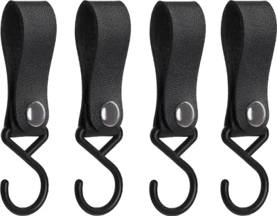 Four black hooks with leather straps and metal snaps