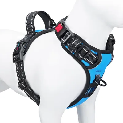 Productafbeelding van Hondentuig zonder trek, geschikt voor kleine honden, reflecterend, met handgreep, 2 ringen, 3 gespen, maat L, blauw