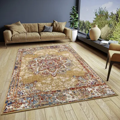 Orientalischer Läufer, gold, 200x280 cm, Vintage-Look, niedrigflorig