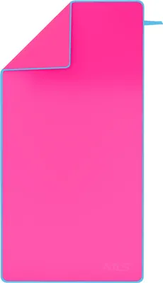 A folded pink microfiber towel with a blue trim and a blue loop on the side, laid flat against a white background.
