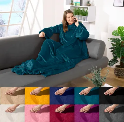 Produktbild von heimtexland ® Ärmeldecke TV Kuscheldecke mit Ärmeln Taschen Fußsack Super Soft Flanell tragbare Decke Ganzkörperdecke Typ870 Dunkelpetrol 180x150 cm