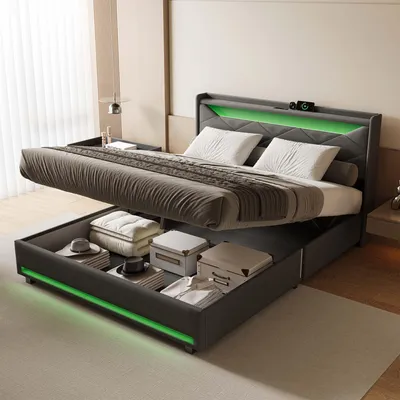 Image de Lit Coffre 140 x 200 cm avec Éclairage LED et Port USB, Lit Double avec Rangement, Pour Adultes et Adolescents, Velours, Gris