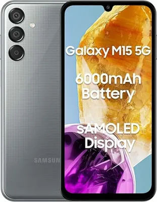 A Samsung Galaxy M15 5G smartphone is shown with marketing text highlighting its features.