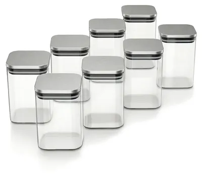 Image de Bocaux de conservation Arendo, lot de 8 récipients en verre borosilicaté de 1,2 l avec couvercle en acier inoxydable, carrés, hermétiques, lot de 8, résistants à la chaleur, écologiques, durables, adaptés au micro-ondes