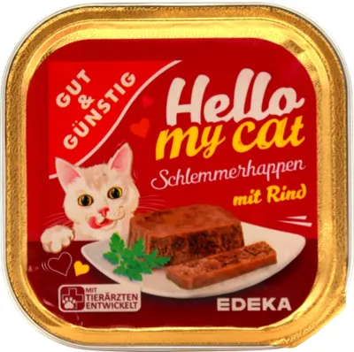 Produktbild von Hello my cat Katzenfutter Schlemmerhappen mit Rind, 32er Pack (32 x 100g Schale)